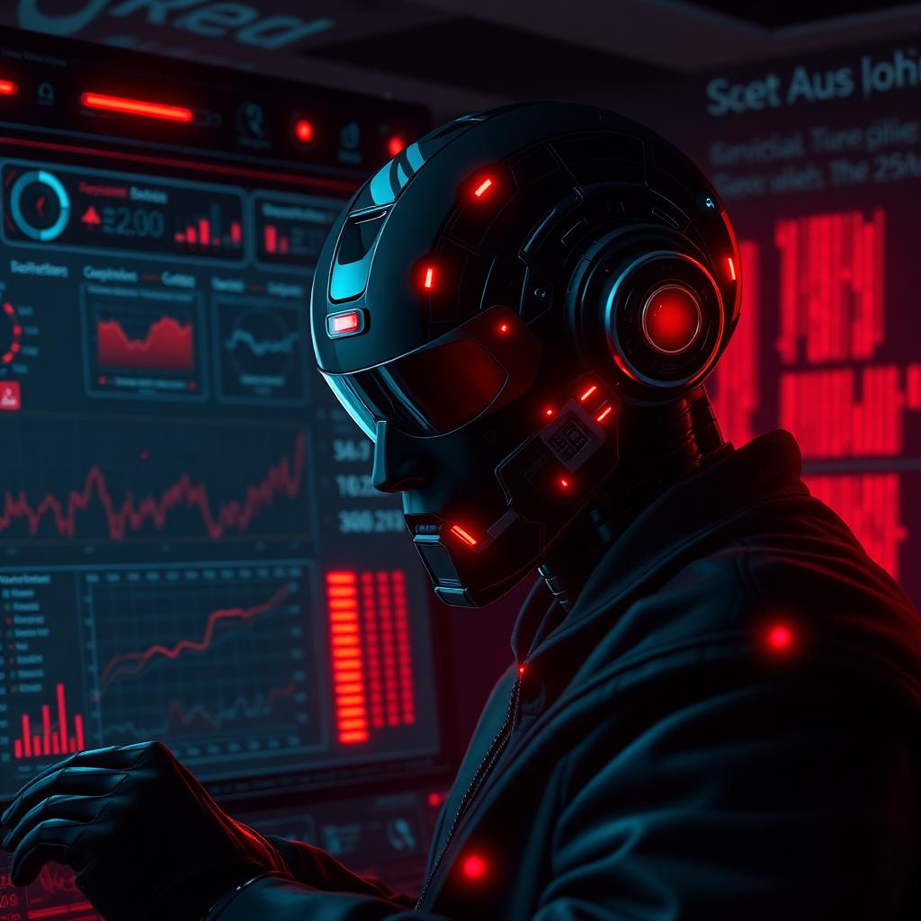 Dark figure with a helmet made of AI circuitry standing in front of a red enterprise analytics dashboard
