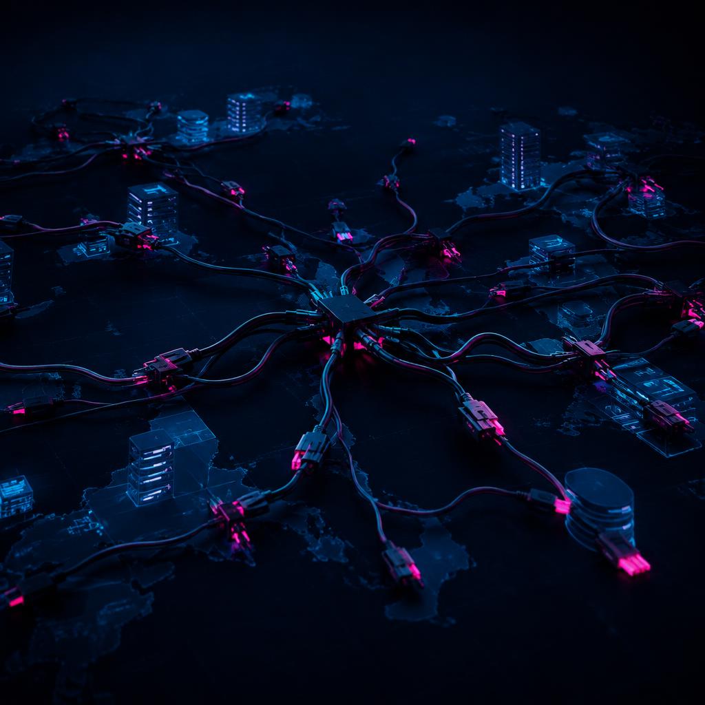 Shadow connector cables multiplying across a dark corporate network map